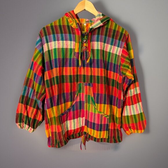 Vintage 90s Womens Size 40 (Fits S/M) Rainbow Plaid Pullover Hooded Shirt Jacket - Picture 1 of 5